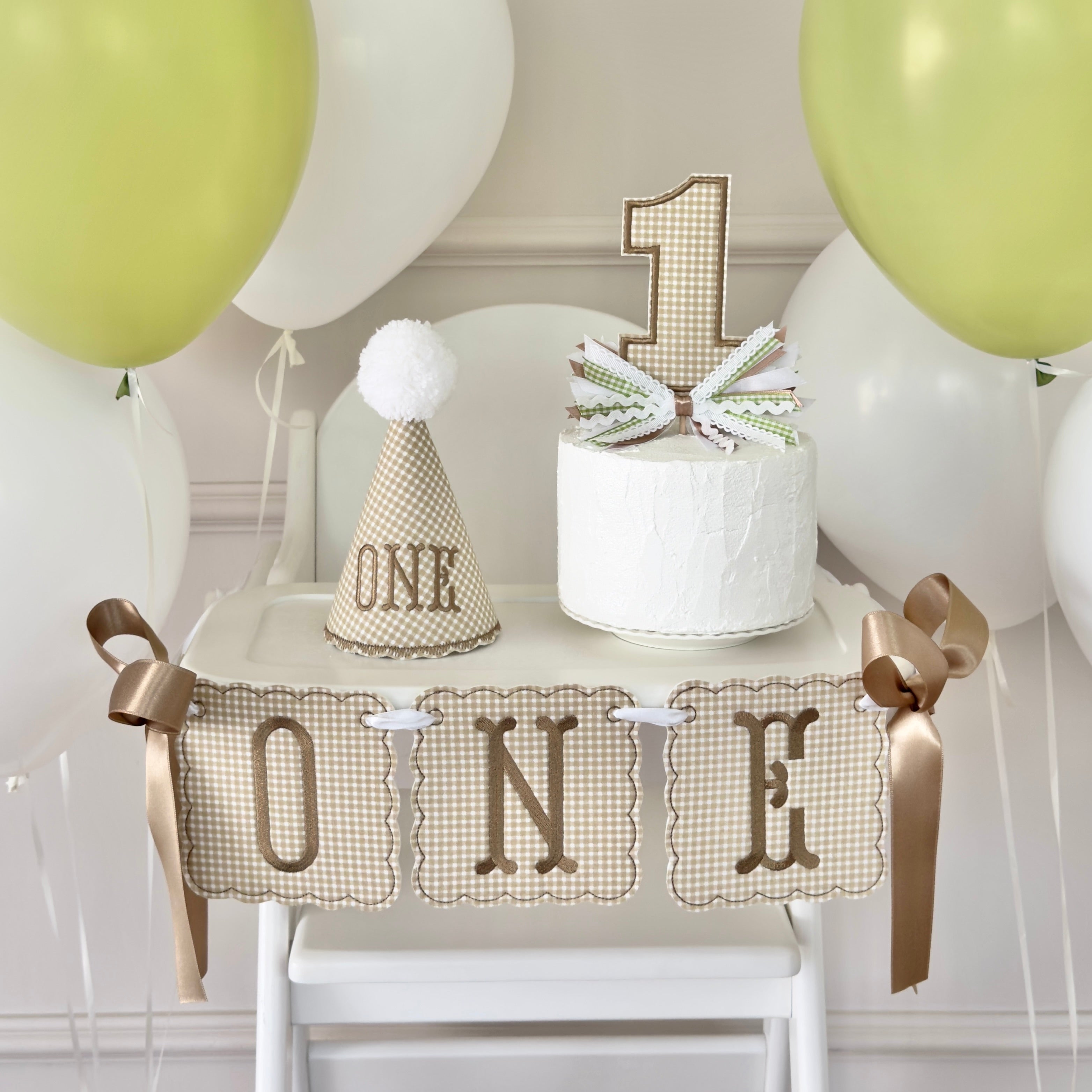 One Year Banner For High Chair, Highchair Banner, One Magical Year, First Birthday Baby, Classic Birthday, One Year Old, first birthday decor, Cake smash photos, 1st birthday party, one year old boy, boy first birthday, boy one year, one year old girl, girl first birthday, girl one year, sage green banner, forest theme, Grandmillennial birthday keepsakes, one highchair banner, keepsake birthday, heirloom keepsake, embroidered first, brown embroidered highchair birthday banner