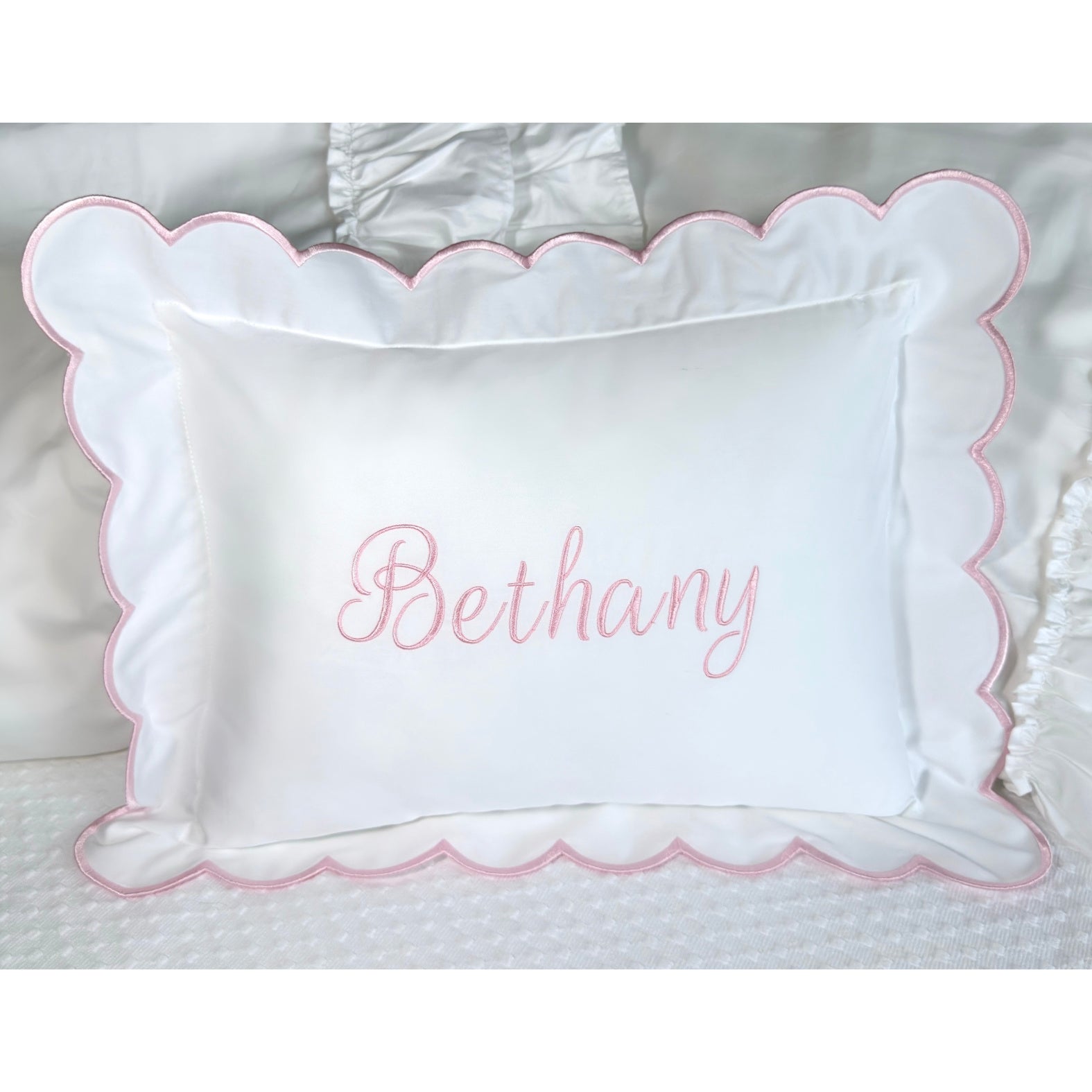 Cursive Embroidered Baby Pillow Personalized Scallop Pillow Sham, Baby Decor Personalized Monogram Nursery Pillow, nursery decor, embroidered baby name, embroidered baby girl pillow sham, baby gift, machine embroidered gifts baby, embroidered letter pillow, embroidered initial pillow, embroidered monogram pillow, childrens embroidered pillow, small embroidered pillow, embroidered name pillow, embroidered baby pillow, embroidered pillow custom, embroidered pillow sham