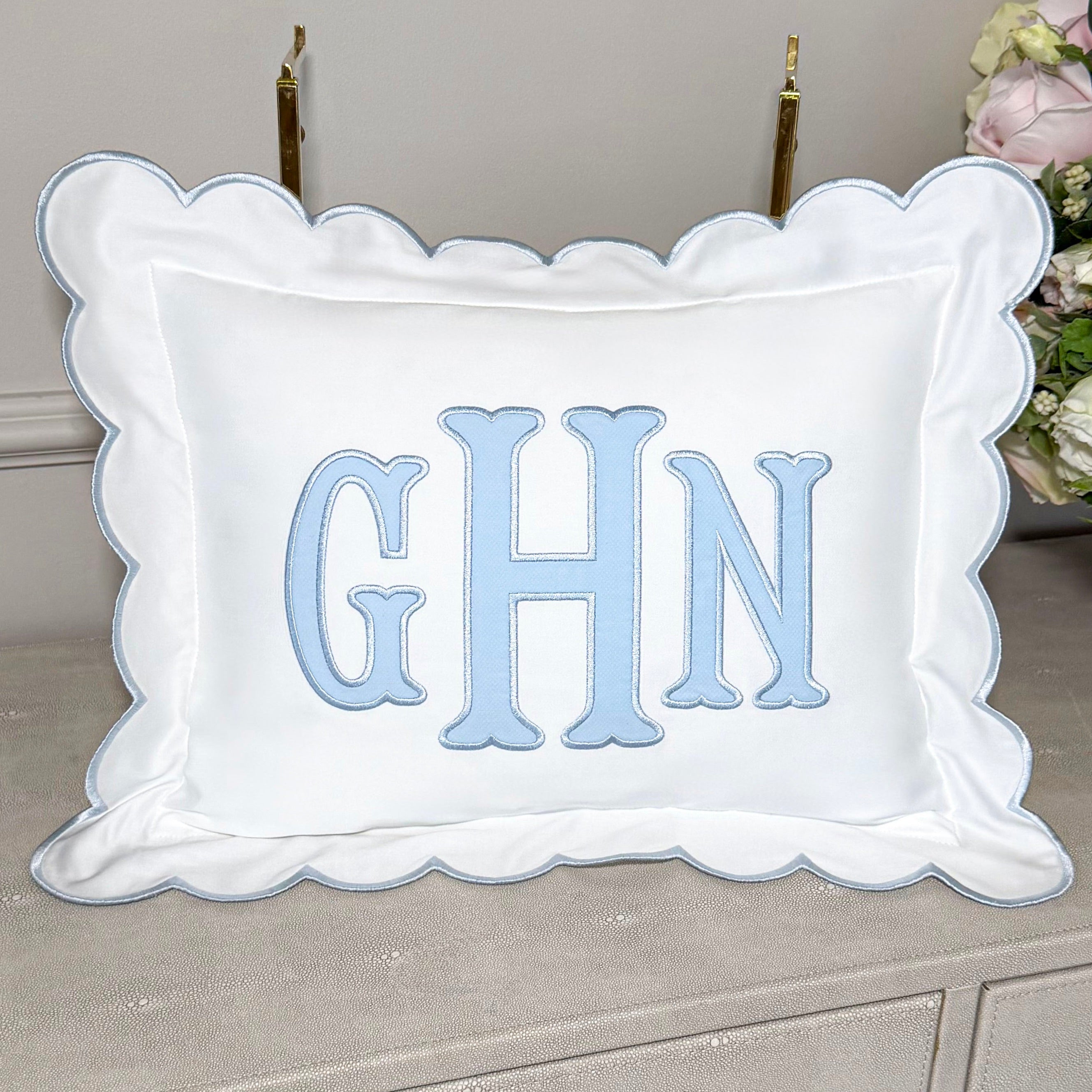 Baby Gift Personalized Monogram Pillow, Applique Initials Pillow for Nursery Decor. scalloped applique initials pillow, applique name pillow, custom applique pillow, applique baby pillow, applique lumbar pillow, applique pillow nursery, embroidered initial pillow, embroidered baby pillow, initial pillow baby nursery, baby initial pillow, letter pillow for baby, custom throw pillow for new baby