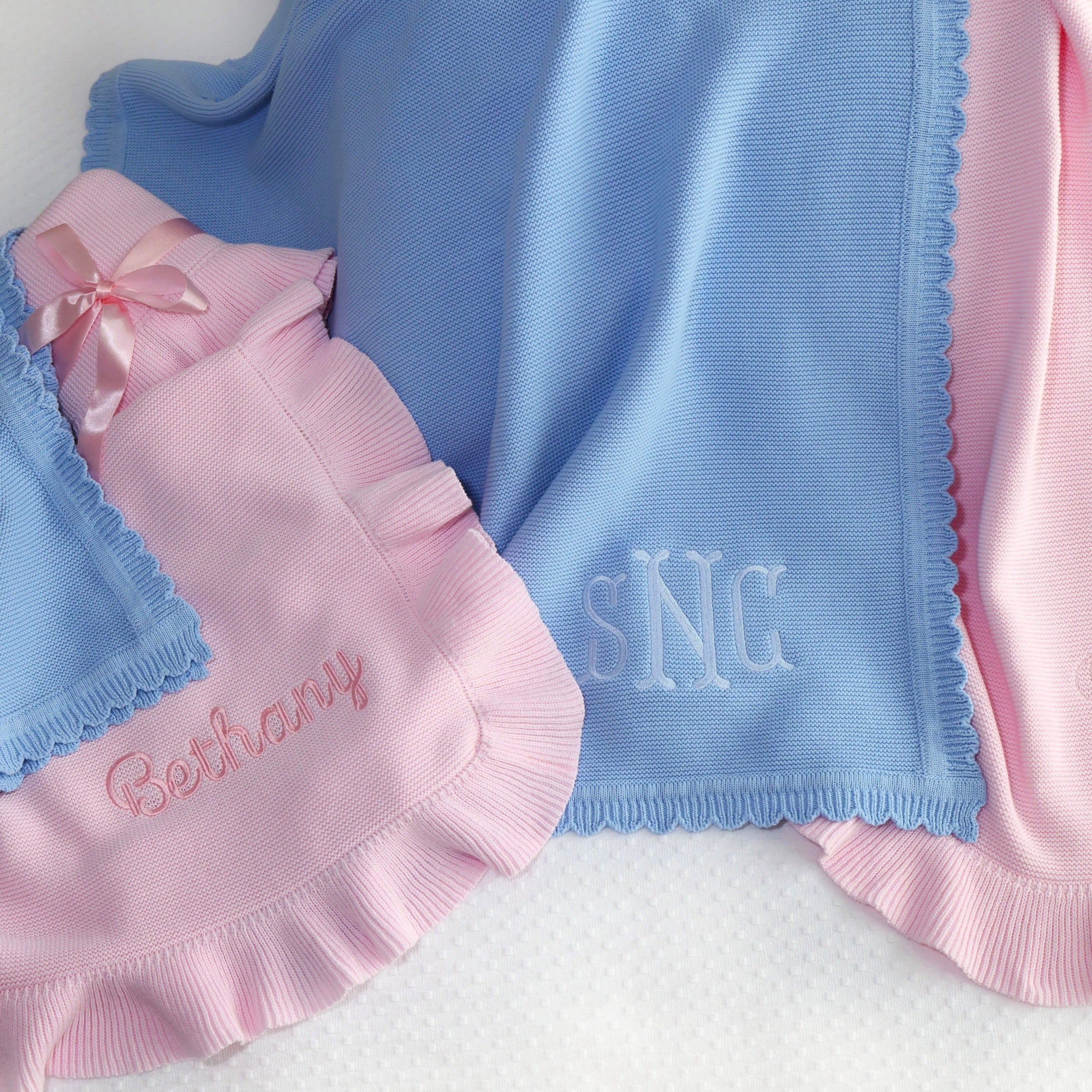 Baby gift personalized baby knitted cotton blanket, embroidered name and inicials, baby shower gift, Heirloom baby blanket nursery decor, baby girl pink baby blanket, baby boy blue baby blanket, keepsake blanket, newborn gift