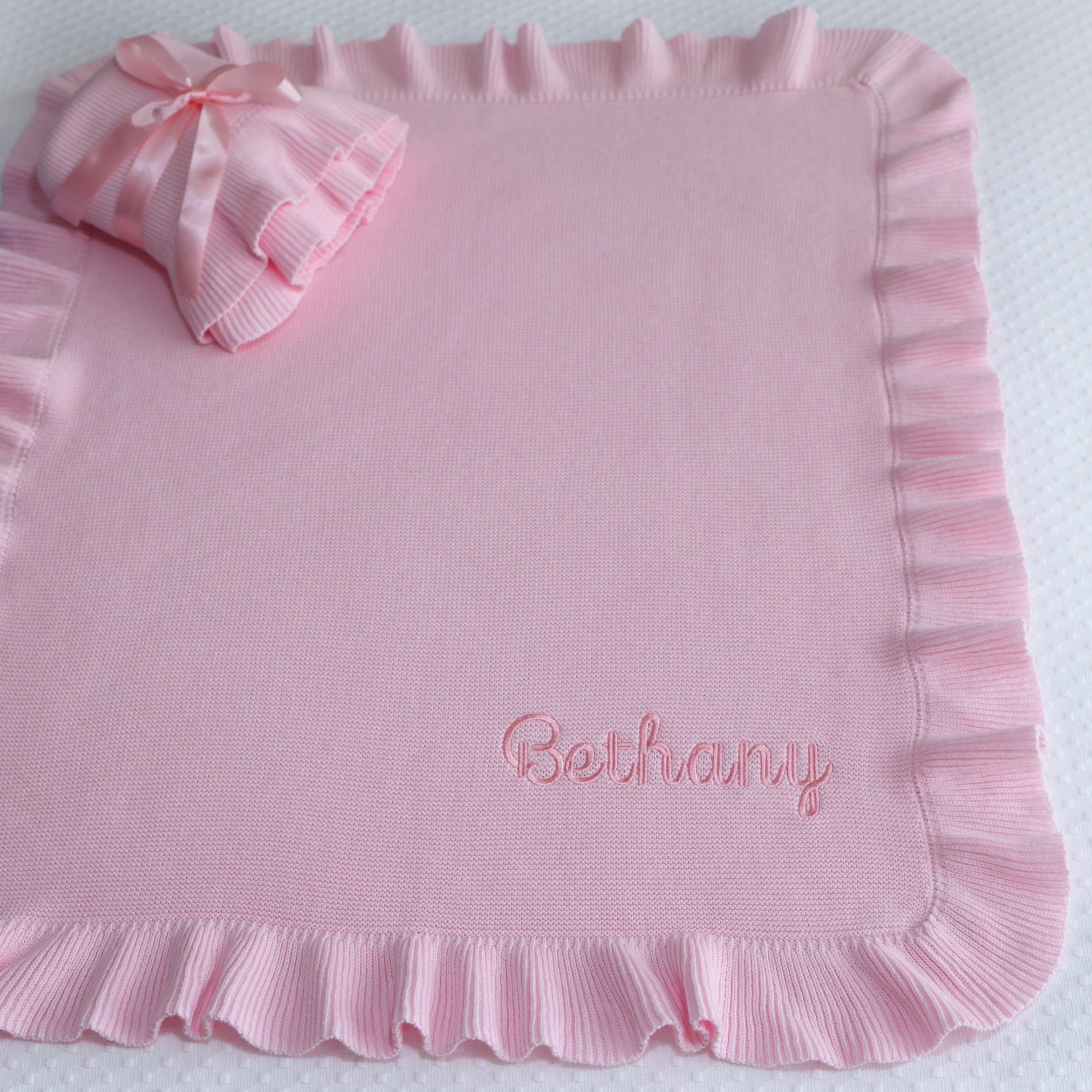 Baby gift personalized baby knitted cotton blanket, embroidered name and inicials, baby shower gift, Heirloom baby blanket nursery decor, baby girl pink baby blanket, baby boy blue baby blanket, keepsake blanket, newborn gift