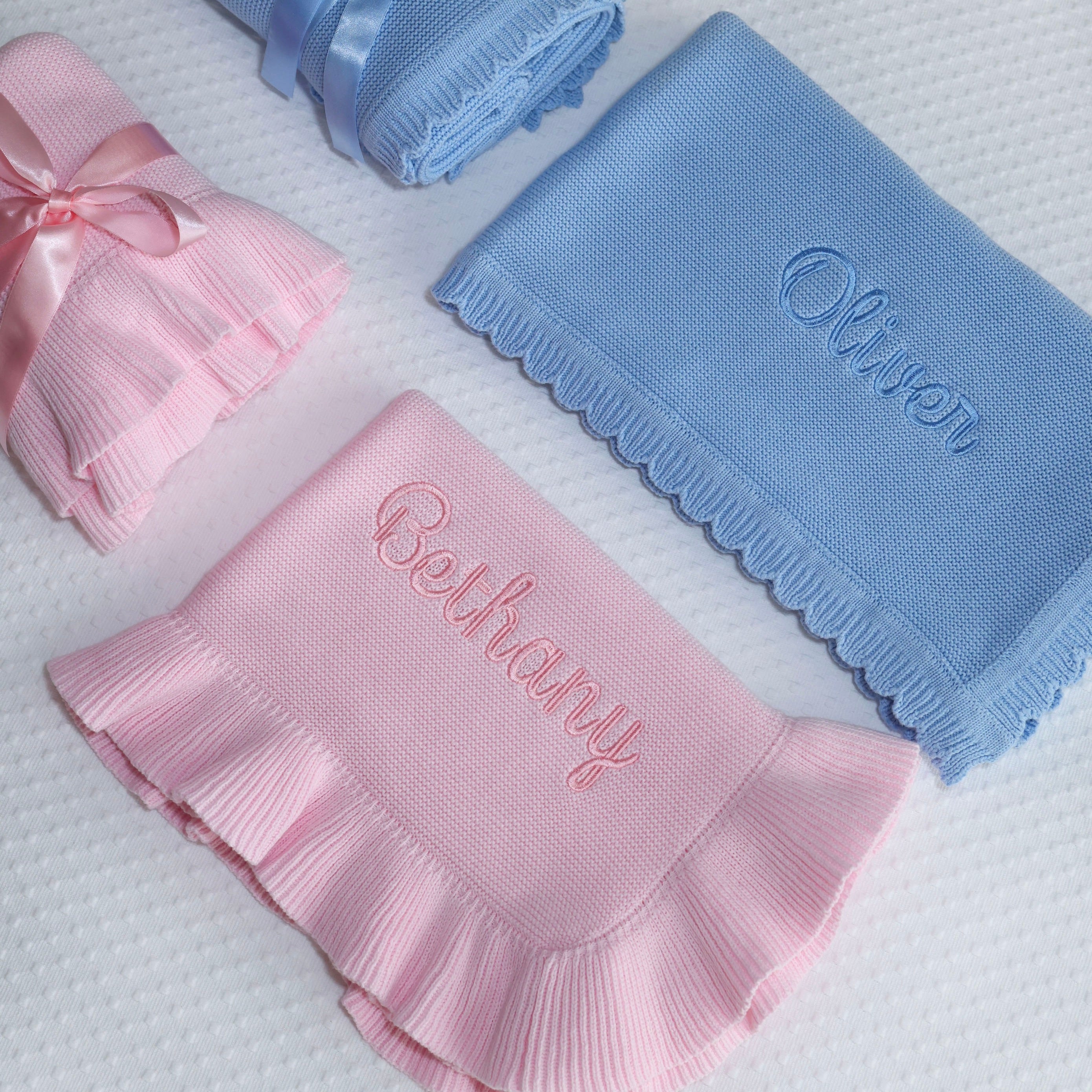Baby gift personalized baby knitted cotton blanket, embroidered name and inicials, baby shower gift, Heirloom baby blanket nursery decor, baby girl pink baby blanket, baby boy blue baby blanket, keepsake blanket, newborn gift