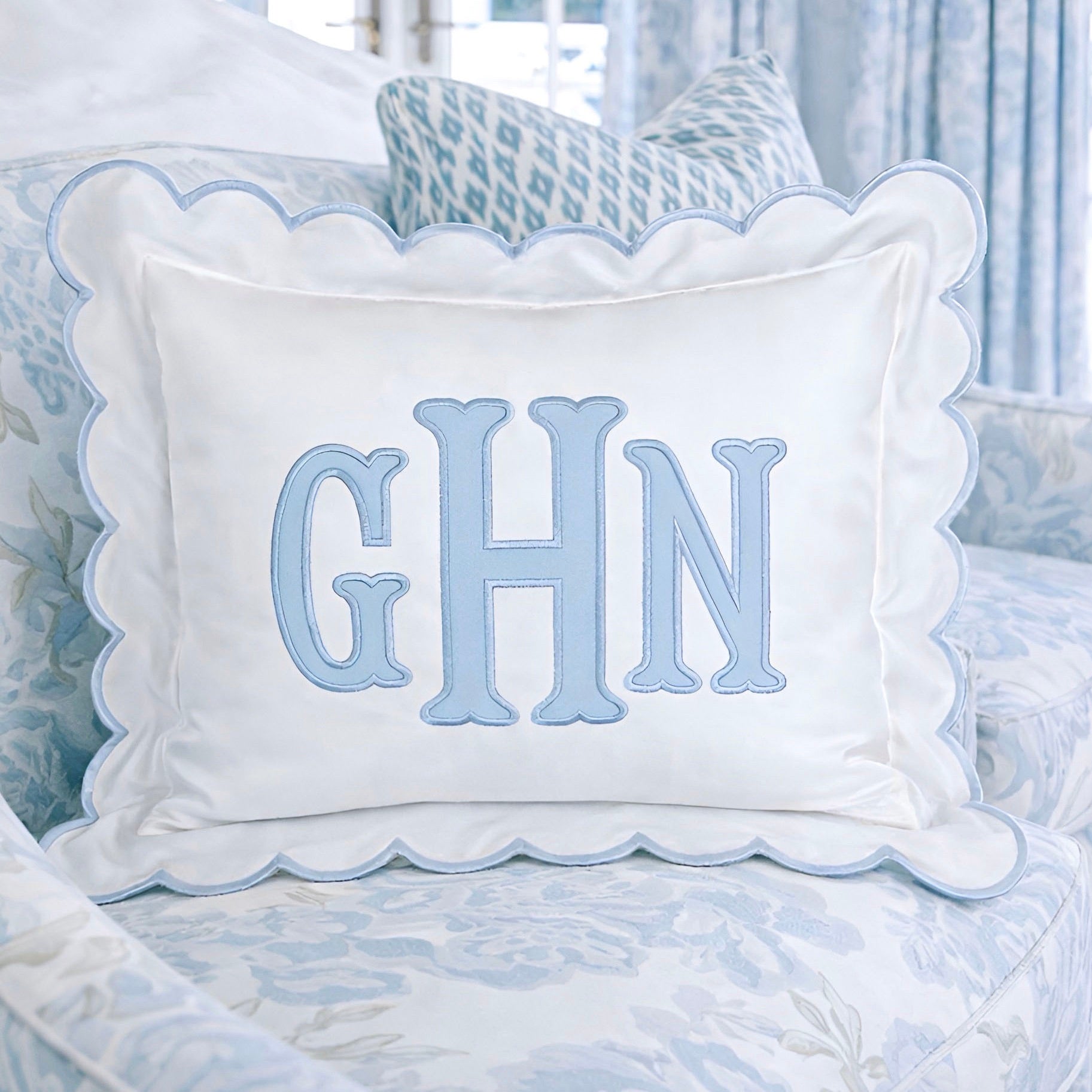 Baby Gift Personalized Monogram Pillow, Applique Initials Pillow for Nursery Decor. scalloped applique initials pillow, applique name pillow, custom applique pillow, applique baby pillow, applique lumbar pillow, applique pillow nursery, embroidered initial pillow, embroidered baby pillow, initial pillow baby nursery, baby initial pillow, letter pillow for baby, custom throw pillow for new baby