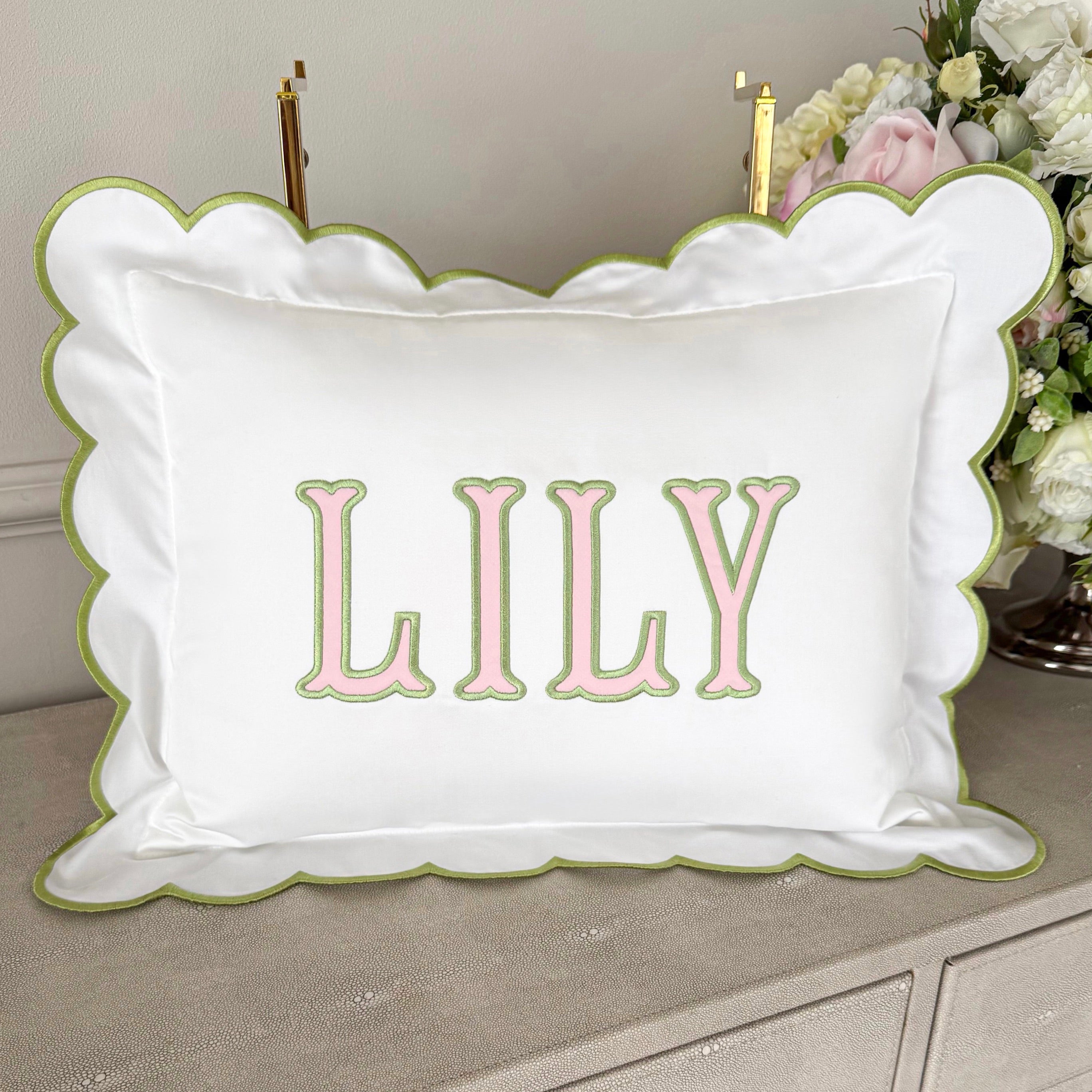 Baby Gift Personalized Monogram Pillow, Applique Initials Pillow for Nursery Decor. scalloped applique initials pillow, applique name pillow, custom applique pillow, applique baby pillow, applique lumbar pillow, applique pillow nursery, embroidered initial pillow, embroidered baby pillow, initial pillow baby nursery, baby initial pillow, letter pillow for baby, custom throw pillow for new baby